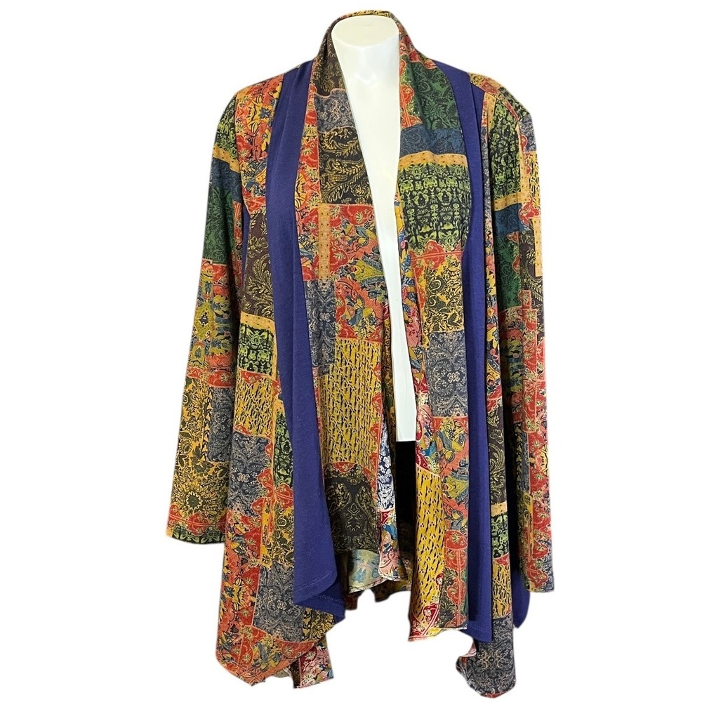 Soft Surroundings Patchwork Boho Open Front Cardigan Kimono Style‎ Blue L